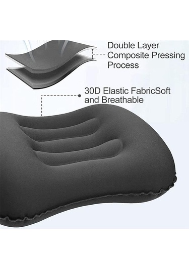 Pazly Siyah Büyük Seyahat Kamp Yastığı - Kafa Dayanağı Şişme Yastık, Dikdörtgen Konforlu, Uyku Desteği Siyah