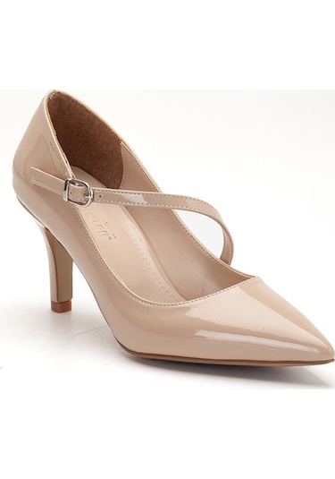 Büyük Beden Kadın Stiletto İnce Topuklu Ayakkabı Ten Rugan Baretli-4293 Ten