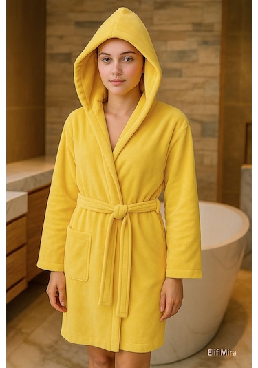 Genç Kız / Erkek Çocuk Kapşonlu Garson Boy Kadife Bornoz %100 Pamuklu Sarı