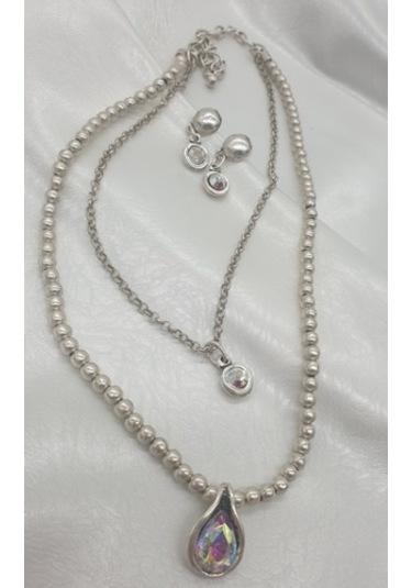 Damla Taşlı Model Antik Gümüş Kaplama Çoklu Kolye Küpe Seti