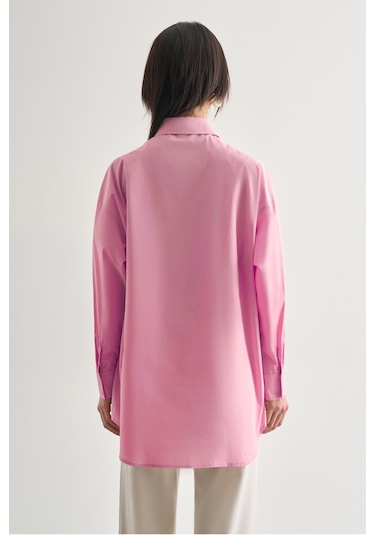 Mizalle Premium Saf Pamuk Pembe Oversize Gömlek Pembe