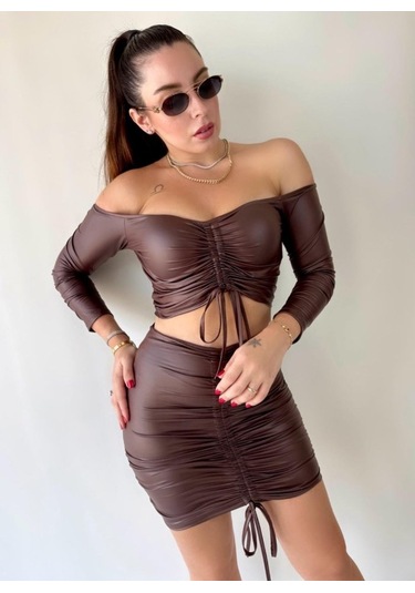 Kadın Büzgülü Deri Etek Takım Fırsat Ürün Çok Renkli