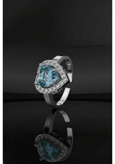 925 Ayar Akuamarin Taşlı Rodyum Pırlanta Işıltılı Kalp Ayarlanabilir Gümüş Yüzük Gümüş