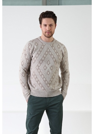 Ferraro Bej Kare Desenli Bisiklet Yaka %100 Kuzu Yünü Erkek Kazak Bej