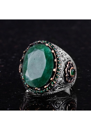Gerçek Doğal Taş Yüzük - 925 Ayar Gümüş El Yapımı Yüzük Zümrüt Gümüş