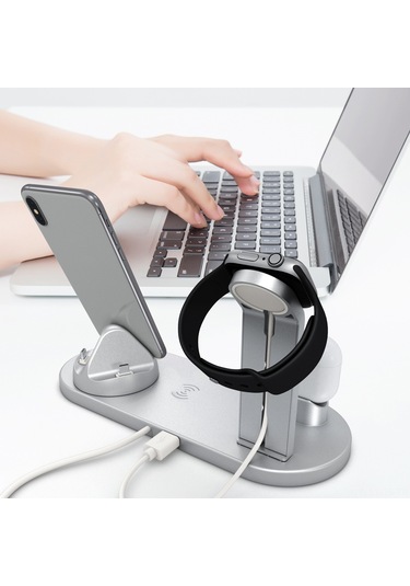 Jeemson 4'lü Kablosuz Şarj Istasyonu Gümüş - Telefon, İwatch Ve Airpods İçin Eşzamanlı Şarj, 10w Hızlı Şarj, Qı Desteği