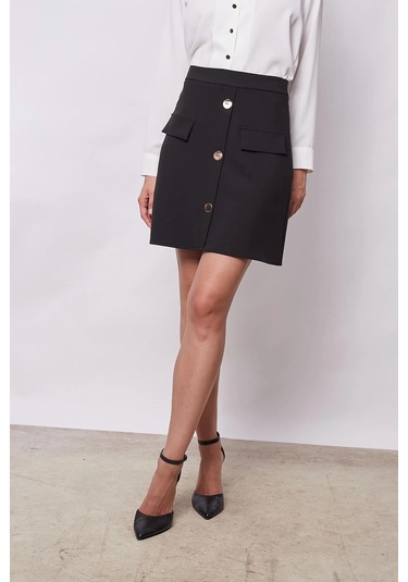 Kadın Diz Üstü Yüksek Bel Önü Düğmeli Cep Kapaklı Hafif Likralı Kumaş Çan Etek-siyah Siyah