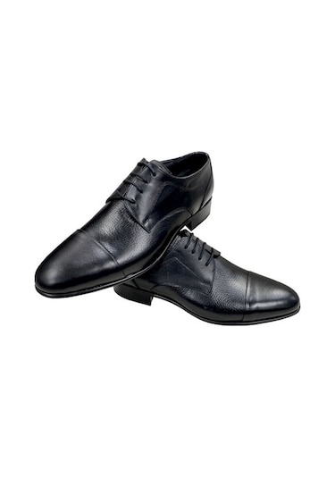 Erkek Klasik Bağcıklı Kösele Ara Baskılı Deri Siyah SAyakkabı