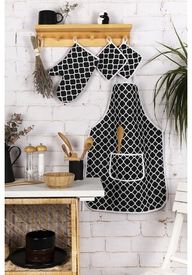 Morlay Mutfak Önlüğü Fırın Eldiveni ve Tutacak Takımı Çeyiz Seti 4'lü Siyah