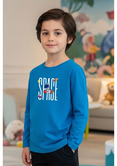 Sıfır Yaka Space Baskılı Erkek Çocuk Sweatshirt Mavi
