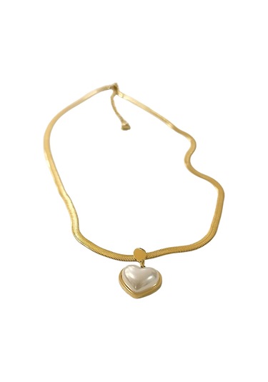 Çelik Bayan Kolye Bombe İnci Kalp Altın Renk Çelik