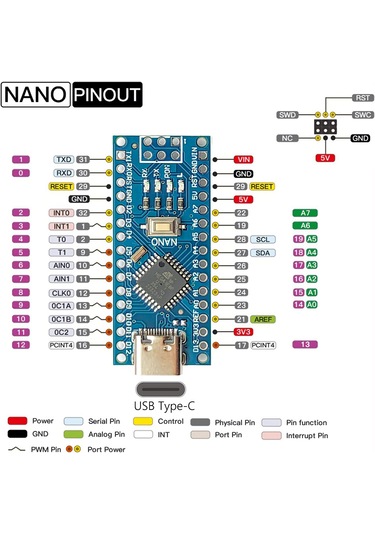 Arduino Nano Ch340 Chip Klon - Type C Lehimlenmiş