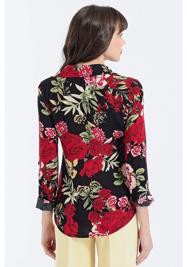 Kadın Siyah & Kırmızı Modern Tarz Çiçek Desenli Uzun Kollu Gömlek Siyah