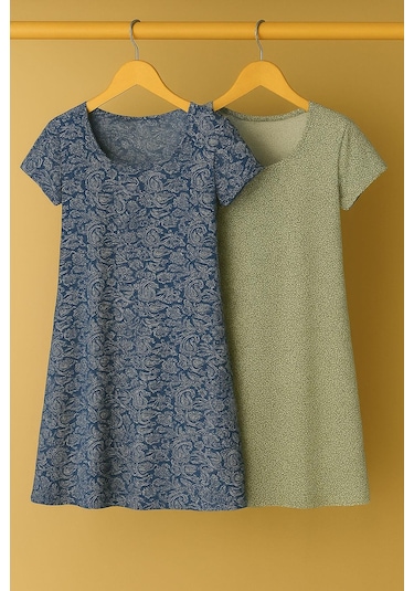 2 Adet Dökümlü Rahat Kalıp Günlük Penye Kumaş Elbise İndigo-yeşil
