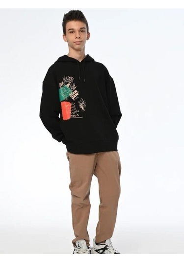 Çocuk Family World Yazıılı Kapüşonlu Sweatshirt-13545 Siyah