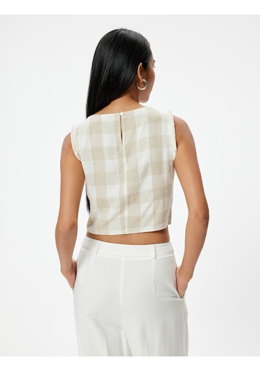 Koton Keten Karışımlı Crop Oversize Üst Kolsuz Yuvarlak Yaka Kareli Bej Ekose 4sak30018uw Bej