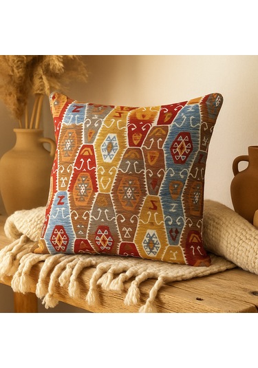 Etnik Desenli Kilim Dokulu Kırlent Kılıfı 40 x 40