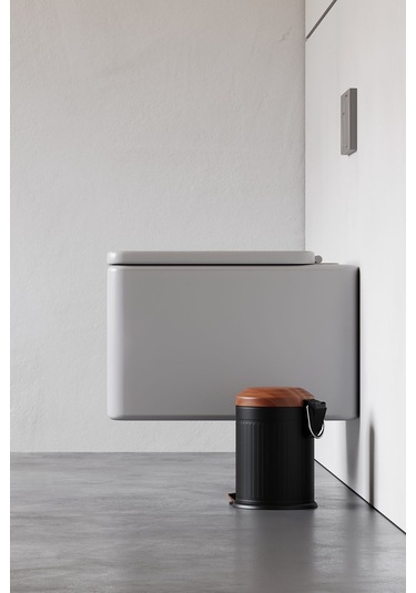 Zift Unique Mat Siyah Çöp Kovası- Vintage Model Ahşap Desenli 5lt Kovalı Çöp Kutusu, Amortisörlü Çöplük Siyah