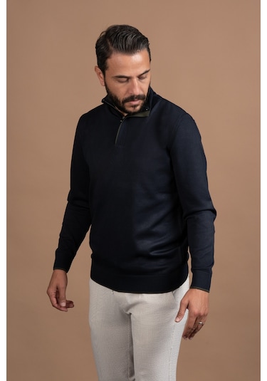 Fermuarlı Balıkçı Yaka Polyamid Kumaş Mevsimlik Triko Kazak Lacivert