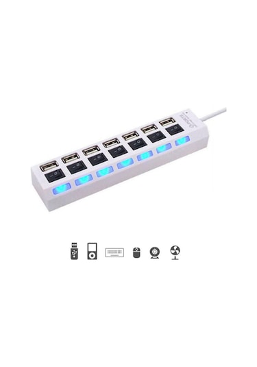 Valkyrie 7 Portlu 2.0 USB Hub Çoklu USB Çoklayıcı Splitter Power Tuşlu Adaptör Beyaz