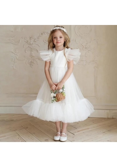 Lozere Kız Çocuk Amerikan Satenli Tüllü Abiye, Kız Çocuk Abiye, Mezuniyet Elbisesi Balo Elbisesi A.Yeşil