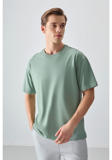 Açık Yeşil %100 Pamuk Kalın Yumuşak Dokulu Oversize Fit Basic Erkek T-shirt - 88353 Camel