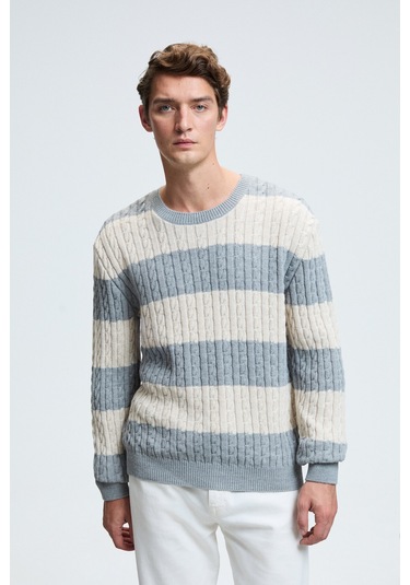 BRAID Erkek Yuvarlak Yaka Saç Örgü Desenli Regular Fit Grimelanj - Bej Kazak