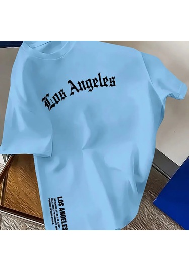 Guılan Erkek %100 Pamuk Los Angeles Baskılı Gevşek Yuvarlak Boyun Kısa Kollu Tişörtgökyüzü Mavi Gökyüzü Mavi