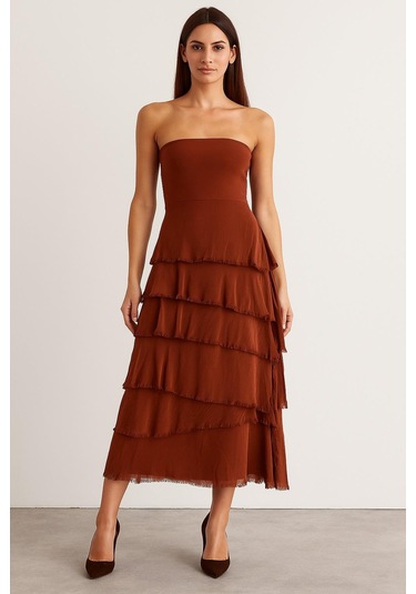 İtalyan 2 Beden Ince Gösteren Kat Kat Ipek Etek & Straplez Elbise Tarçın