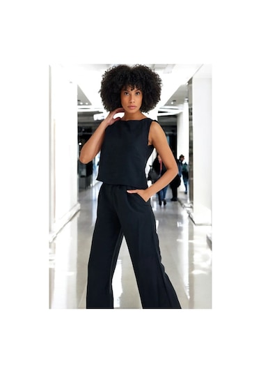 Yazlık Rahat Alt Üst Kolsuz İkili Keten Takım siyah