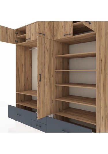 Kronos Dolap 18 Raflı 4 Çekmeceli Tek Askılı 220x59x243 Çam-çam/antrasit Atlas Çam/antrasıt