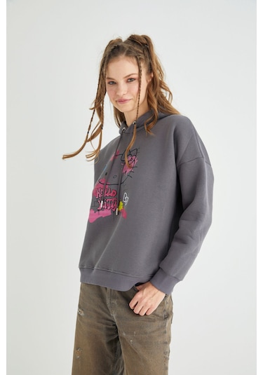 Hello Kitty Lisanslı Baskılı Kapüşonlu Sweatshirt Renkli