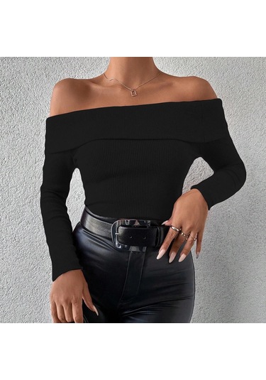 Uzun Kol Madonna Yaka Bluz Siyah Siyah