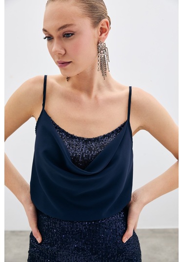 Sateen Degaje Yaka Bluz - Lacivert-135514 Lacivert