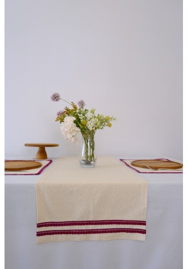 Yakacihome Terra Duck Keten Mürdüm Fisto Dantel Biyeli Runner 40x140 Cm Krem