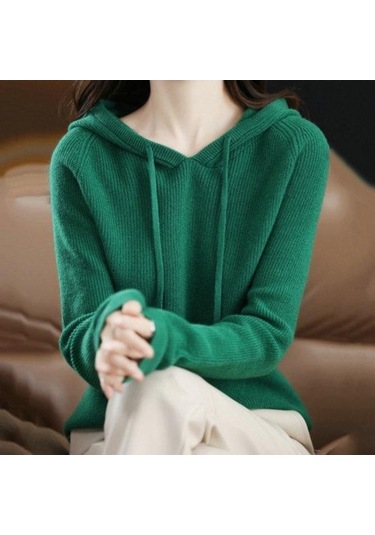 Novahub Kadın Hoodie Uzun Kollu Rahat Sıcak Düz Renk Örgü Kazak Kış Üstü Gri Renk Sonbahar Kış Giyim Gri