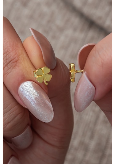 Nereze 925 Ayar Gümüş Minimal Gold Kaplama Yonca Küpe