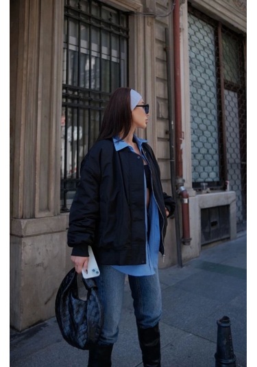 Cepli Bomber Ceket Mont - Siyah Siyah