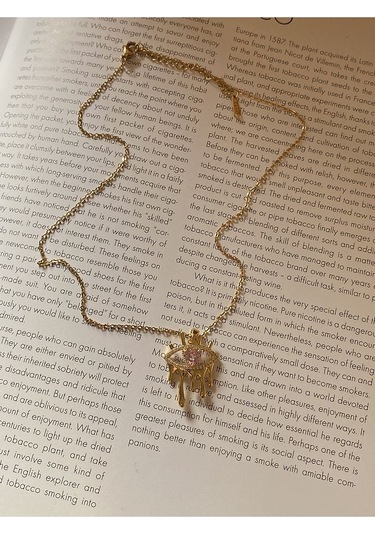 Pembe Taşlı Göz Çelik Kararmaz Gold Kolye