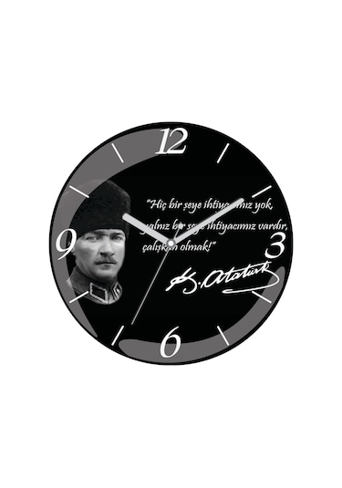 Atatürk Çalışmak Sessiz Akar Bombeli Gerçek Cam Duvar Saati Siyah