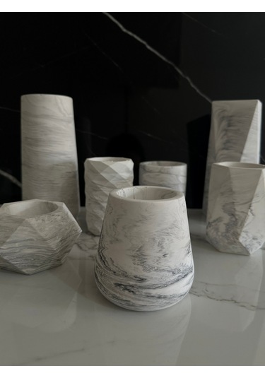 Beton Kalemlik Dekoratif Aksesuar El Yapımı Diş Fırçalık Minik Vazo Beyaz-siyah