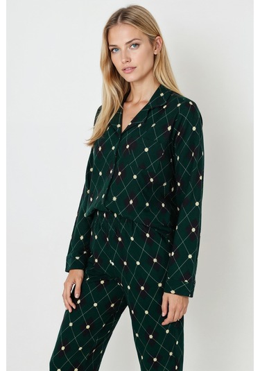 Luxury Soft Yeşil Ekose Desenli Uzun Kollu Kadın Pijama Takımı 3045 Yeşil