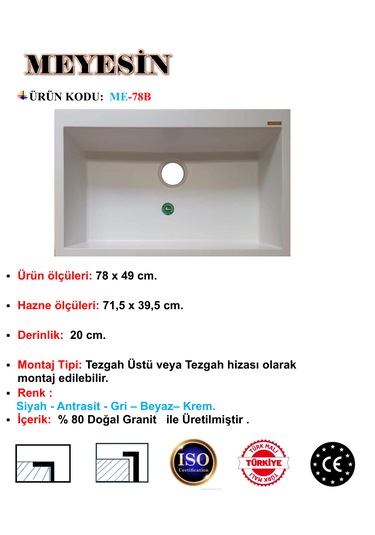 Meyesin ME-78 Granit Tek Gözlü Mutfak Evyesi Beyaz 78 x 49 CM