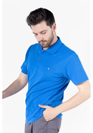 T-shirt %100 Pamuk Polo Yaka Fleto Cepli %100 Pamuk Saks Mavi