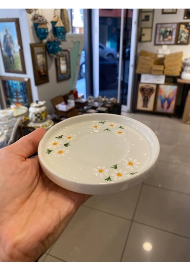 Seramik El Yapımı Fincan Takımı 2'li Set Üçlü Papatya Desenli Beyaz - Sarı