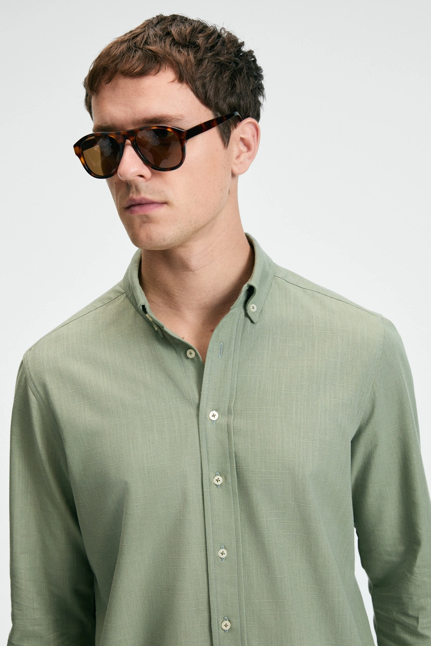Grımelange Perttu Erkek %100 Pamuk Slim Fit Dar Kesim Düğmeli Yaka Keten Görünümlü Flamlı Haki Gömle Haki
