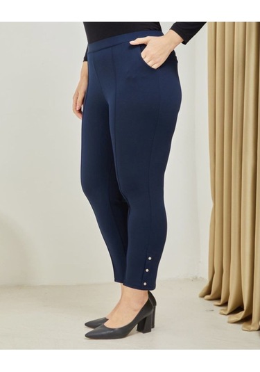 Scuba Yanlardan Cepli Önü Dikişli Paçası Çakmalı Beli Lastikli Büyük Beden Pantolon Lacivert