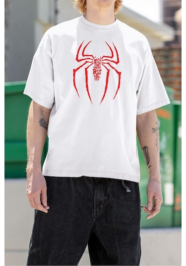 Havalı Spider-man Logo Baskılı Unisex Oversize Tişört Beyaz