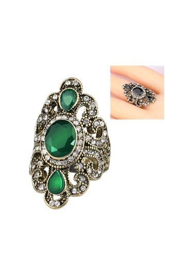 Vintage Ethnic Style Exquisite Carved Inlaid Acrylic Resin Hollow Ring, Ring Size:7 Green Çok Renkli
