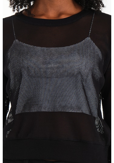 Bisiklet Yaka Petek File Bluz Siyah